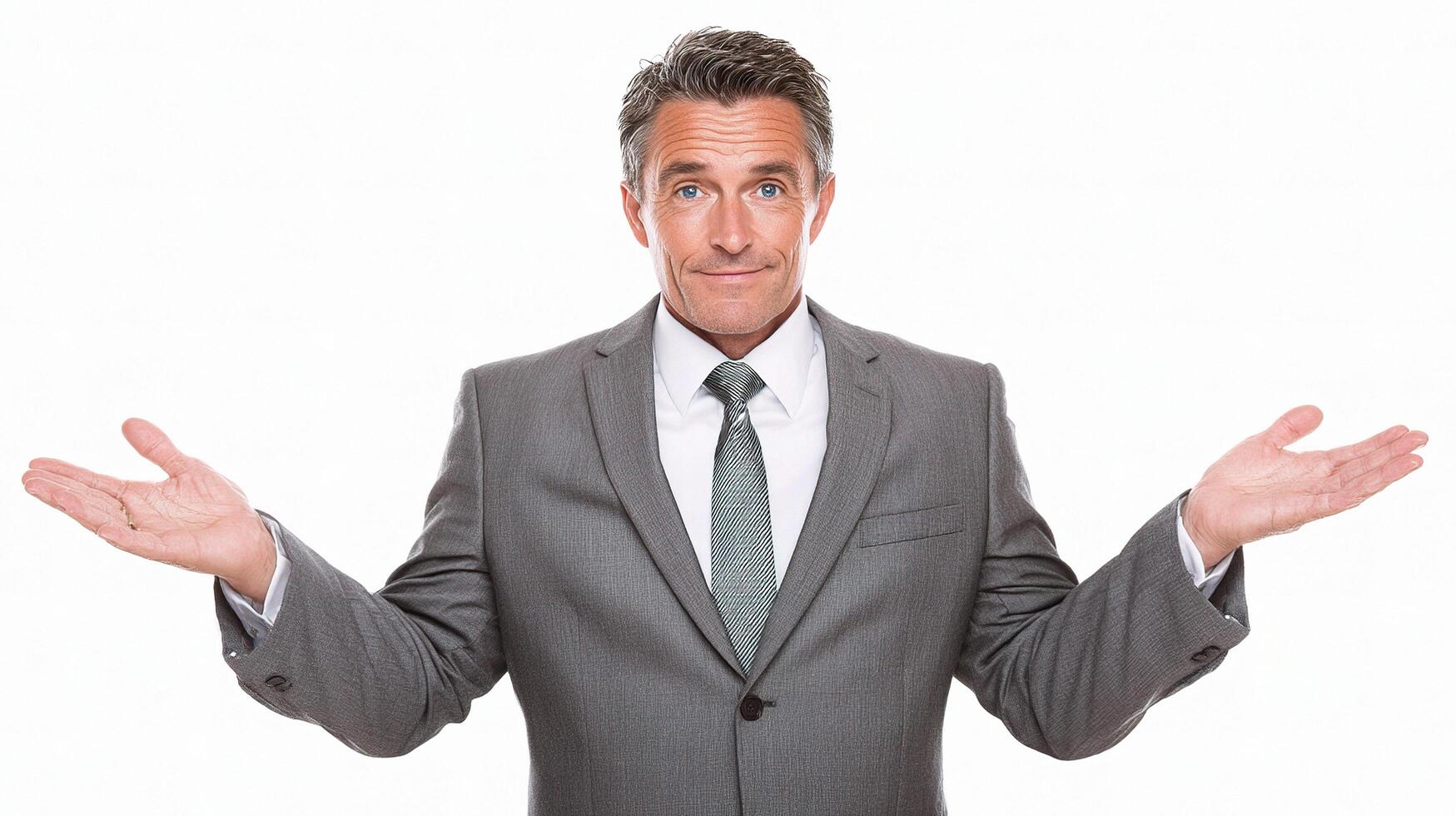 A man in a suit is holding his hands out photo