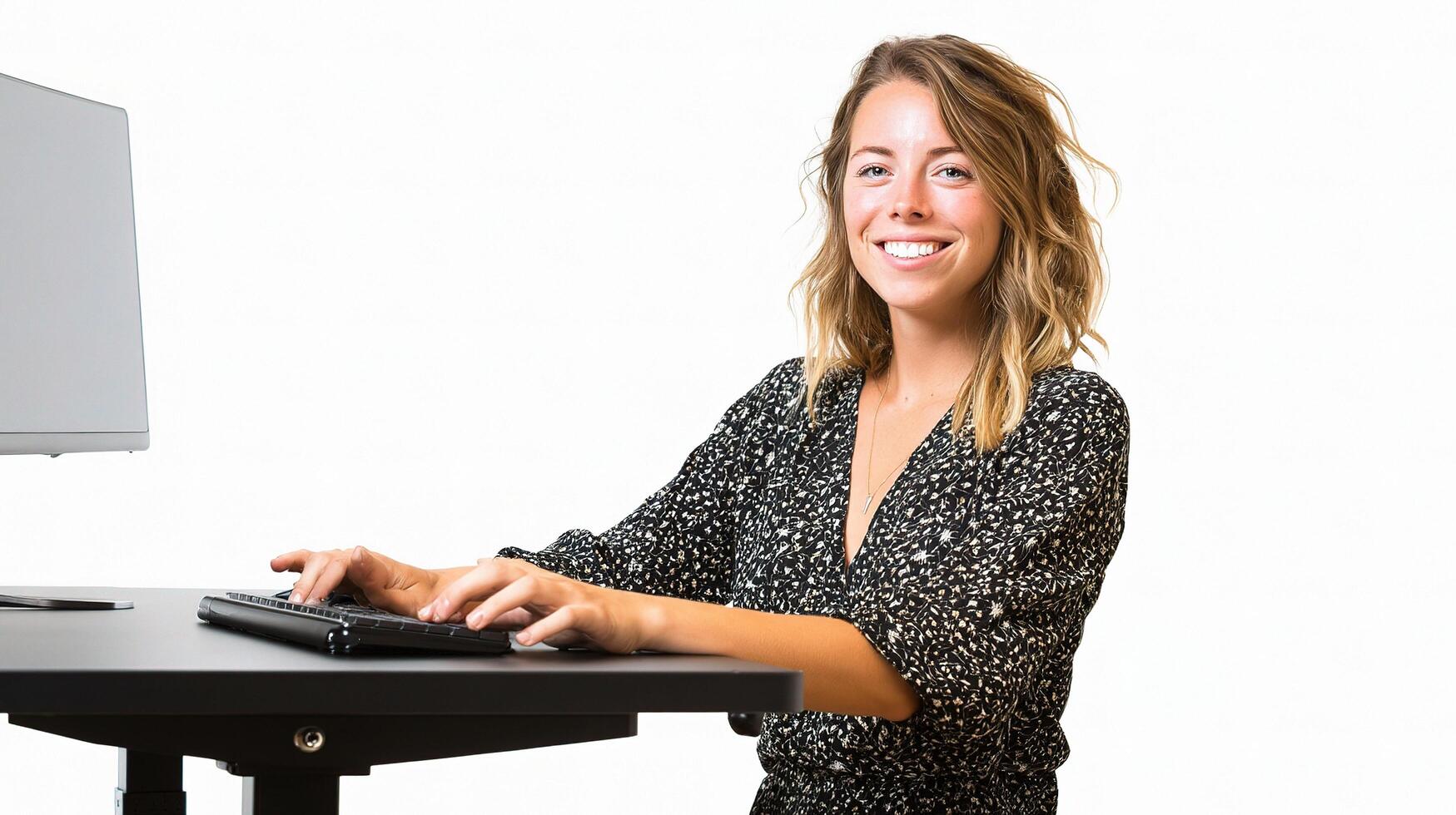 A woman is sitting at a computer and smiling photo