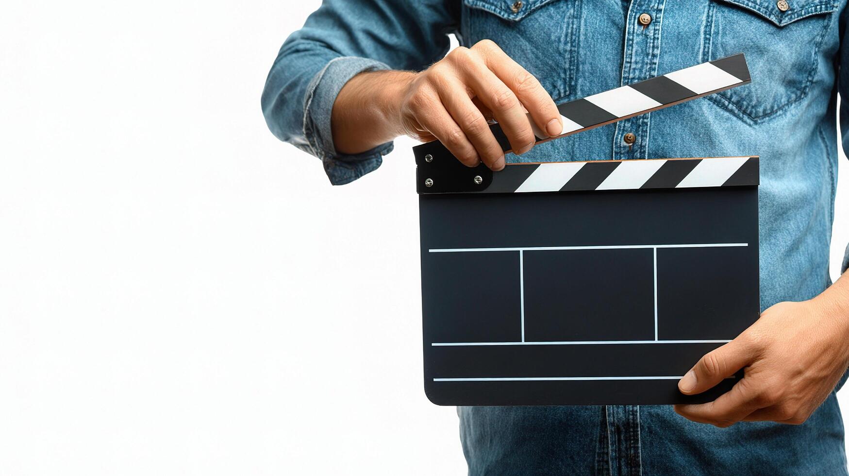A man holding a clapper board on a white background photo