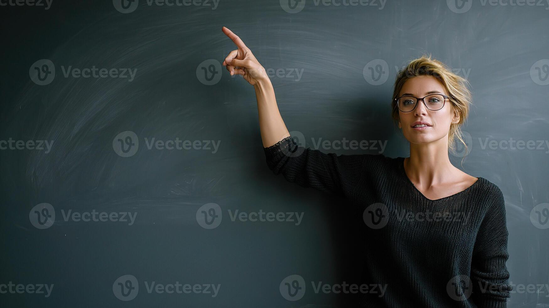 A woman in glasses pointing at a chalkboard photo