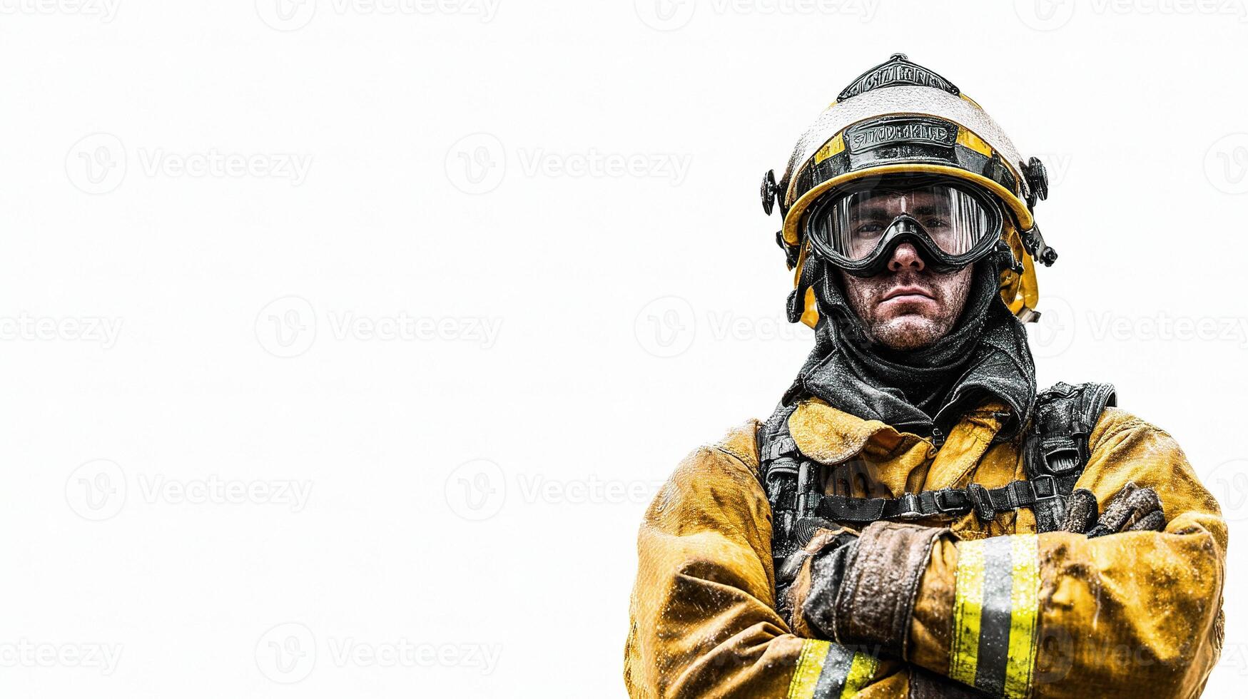 A firefighter in a helmet and gear photo