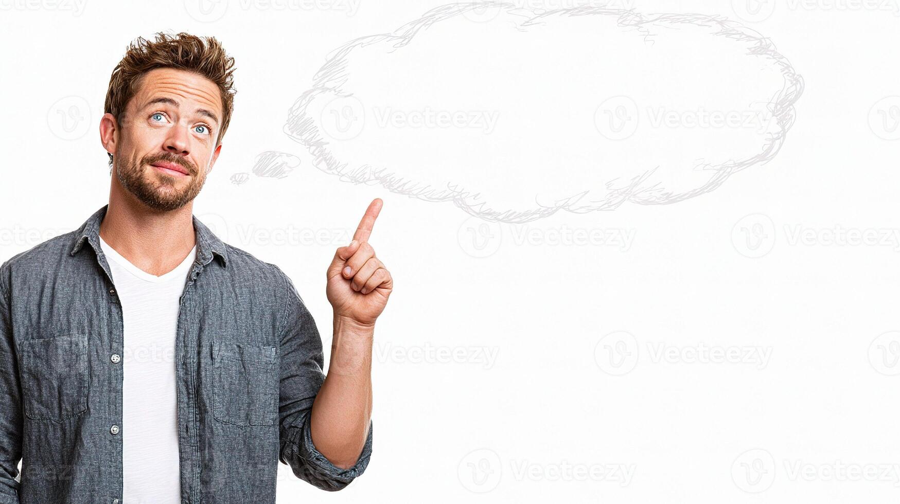 A man is pointing to a thought bubble photo