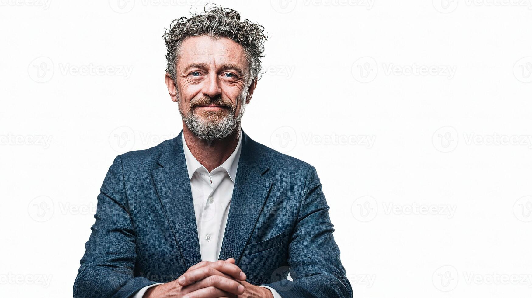 A man with a beard and a suit is sitting photo
