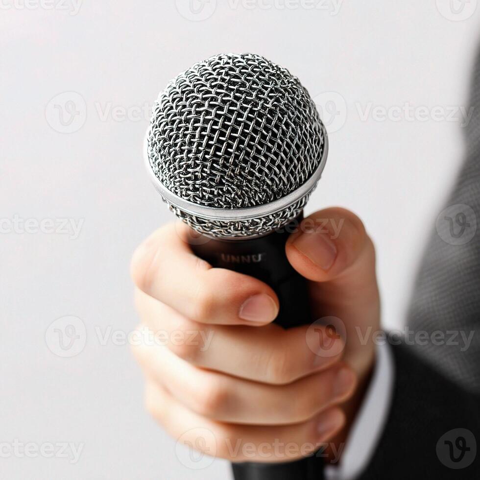 A person holding a microphone in their hand photo