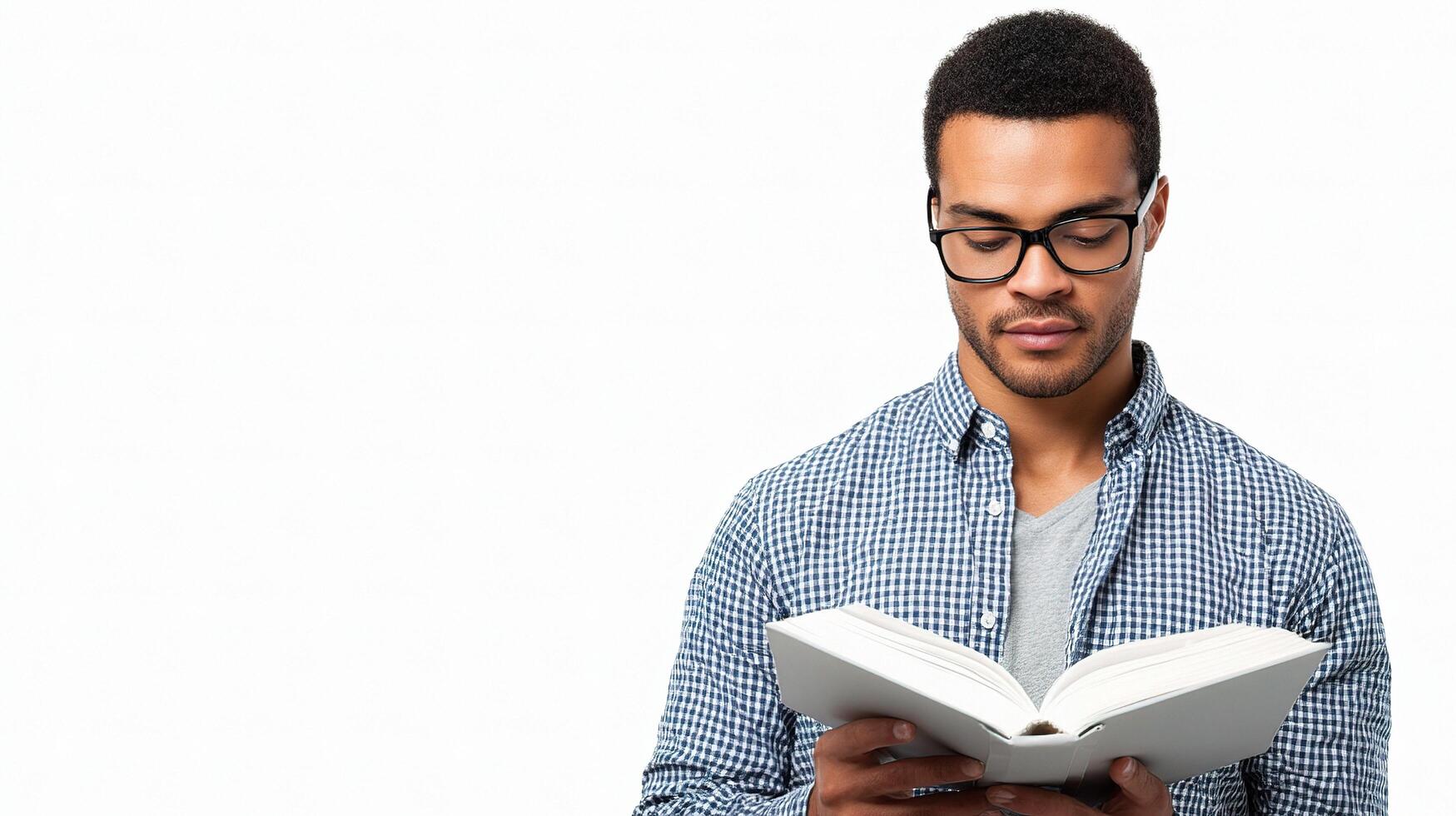 A man wearing glasses is reading a book photo