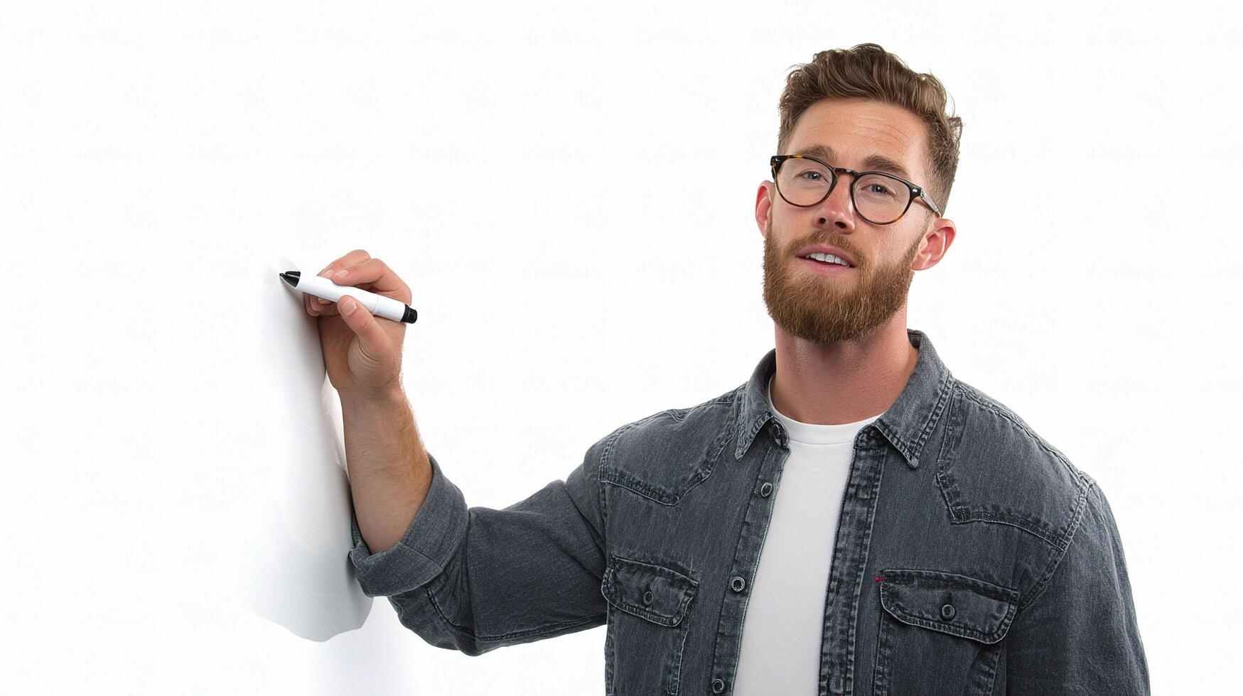 A man with glasses and beard writing on a white board photo