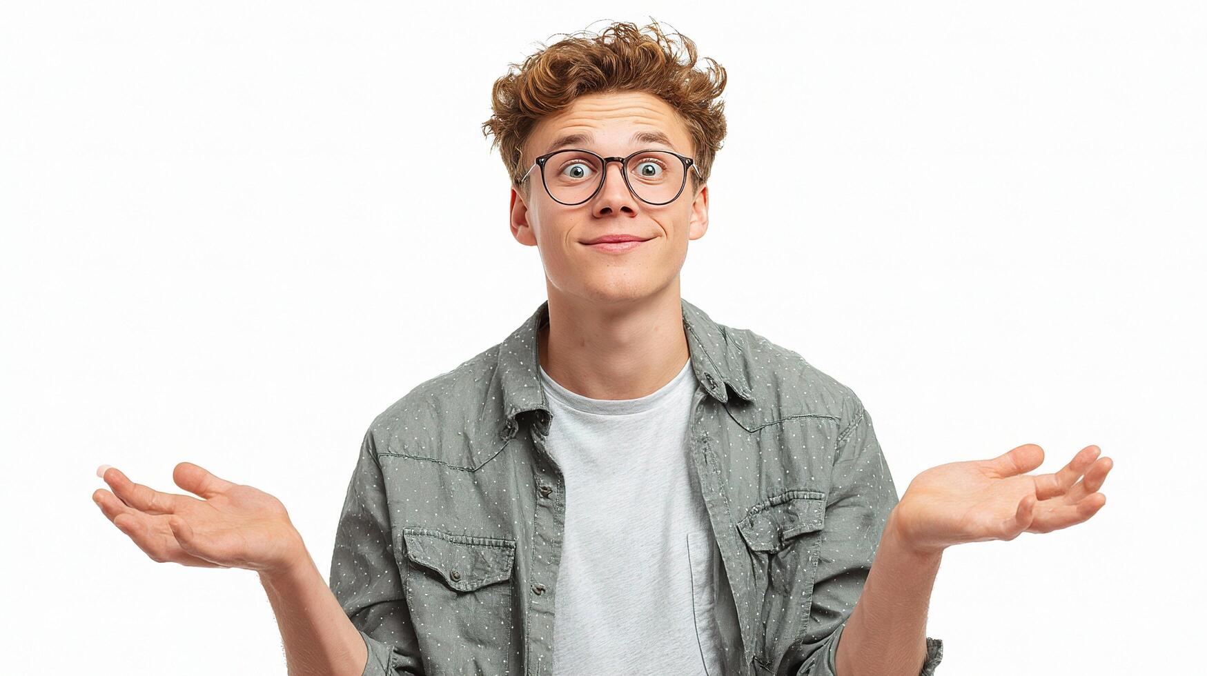 A young man with glasses is holding his hands out photo