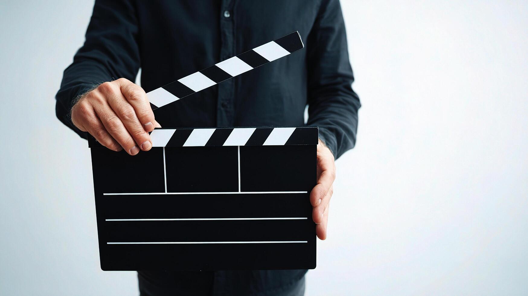 A person holding a clapper board with a black background photo