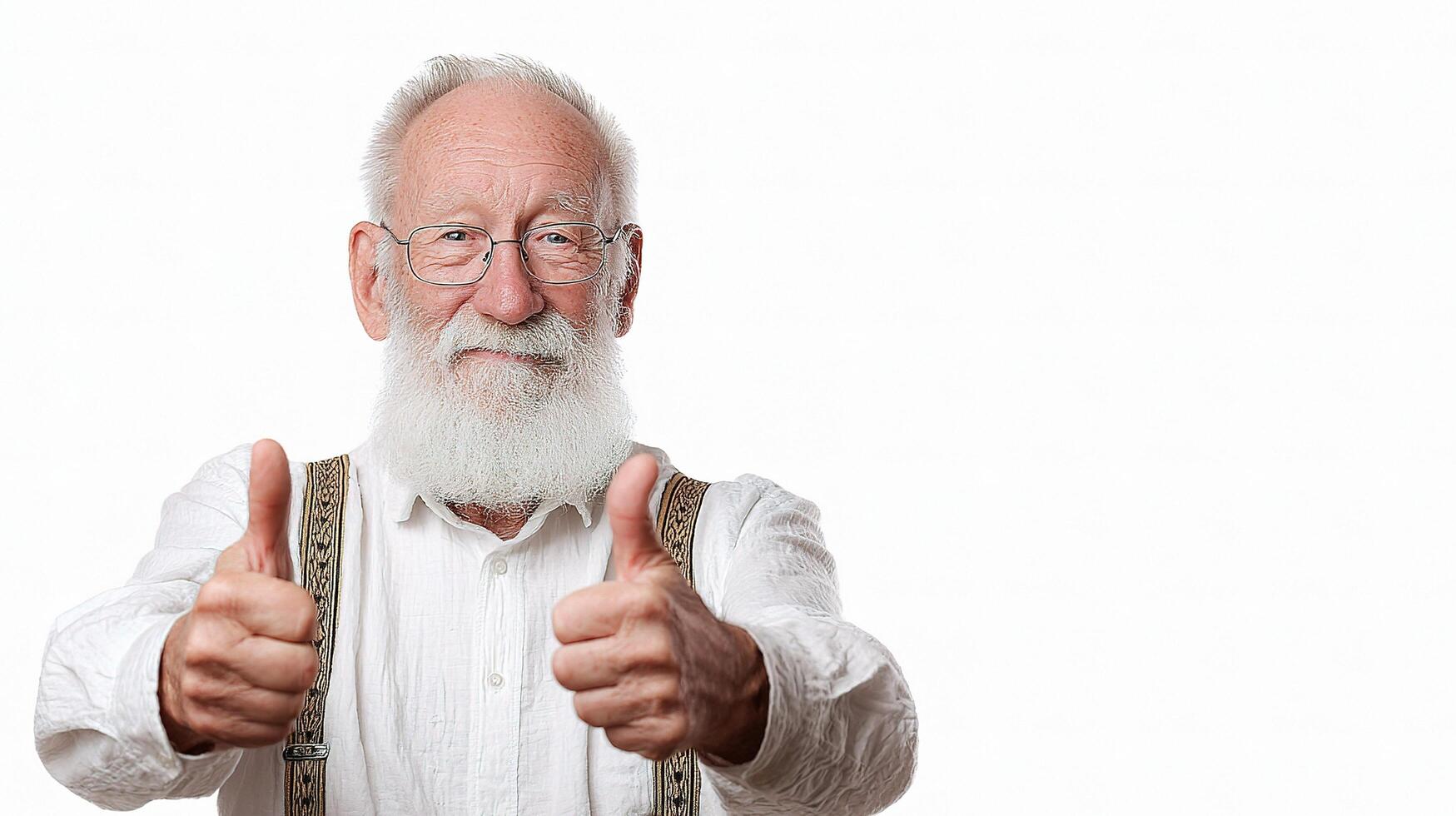 An old man with a white beard and glasses giving the thumbs up photo