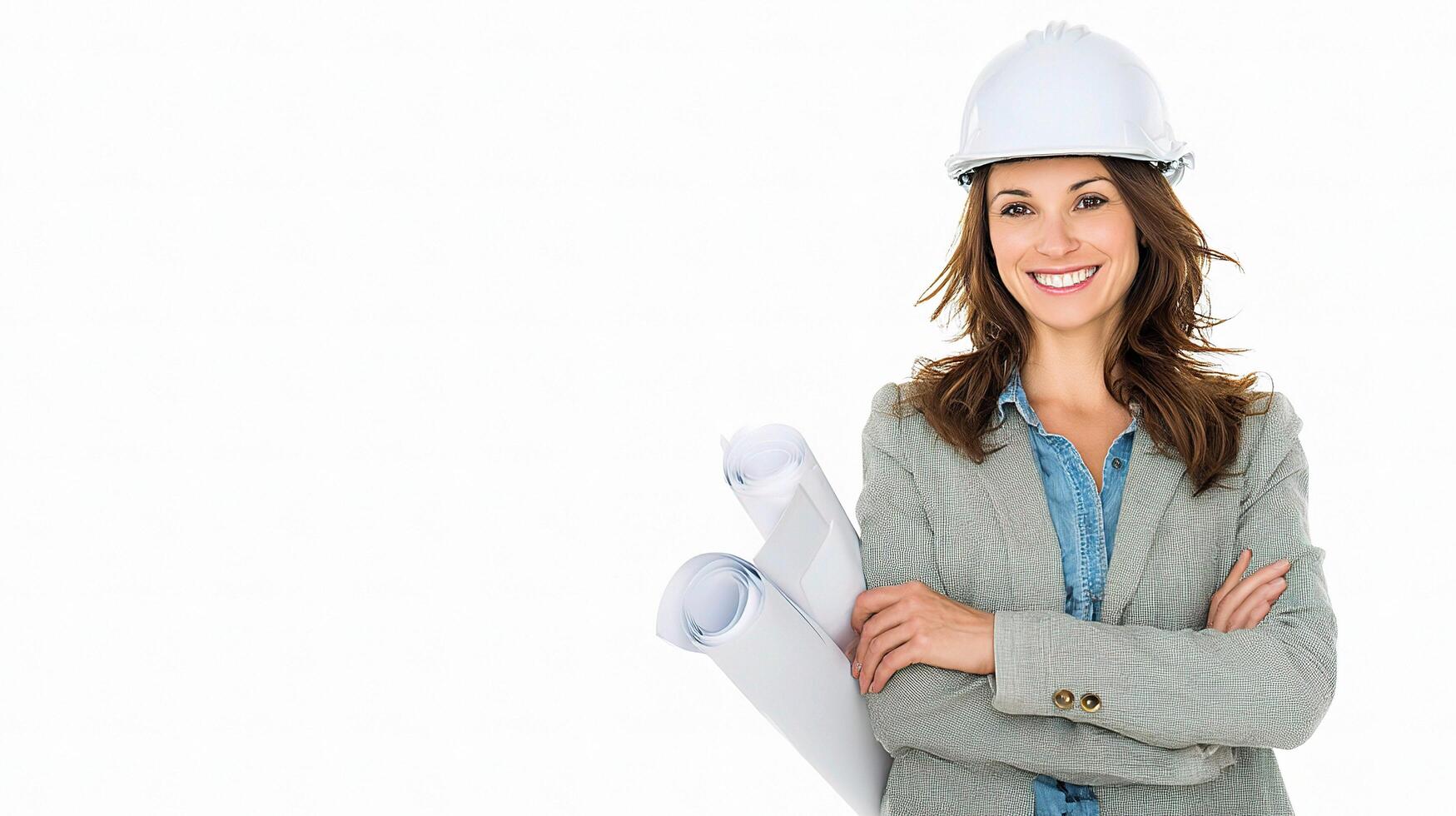 A woman in a hard hat and suit holding blueprints photo