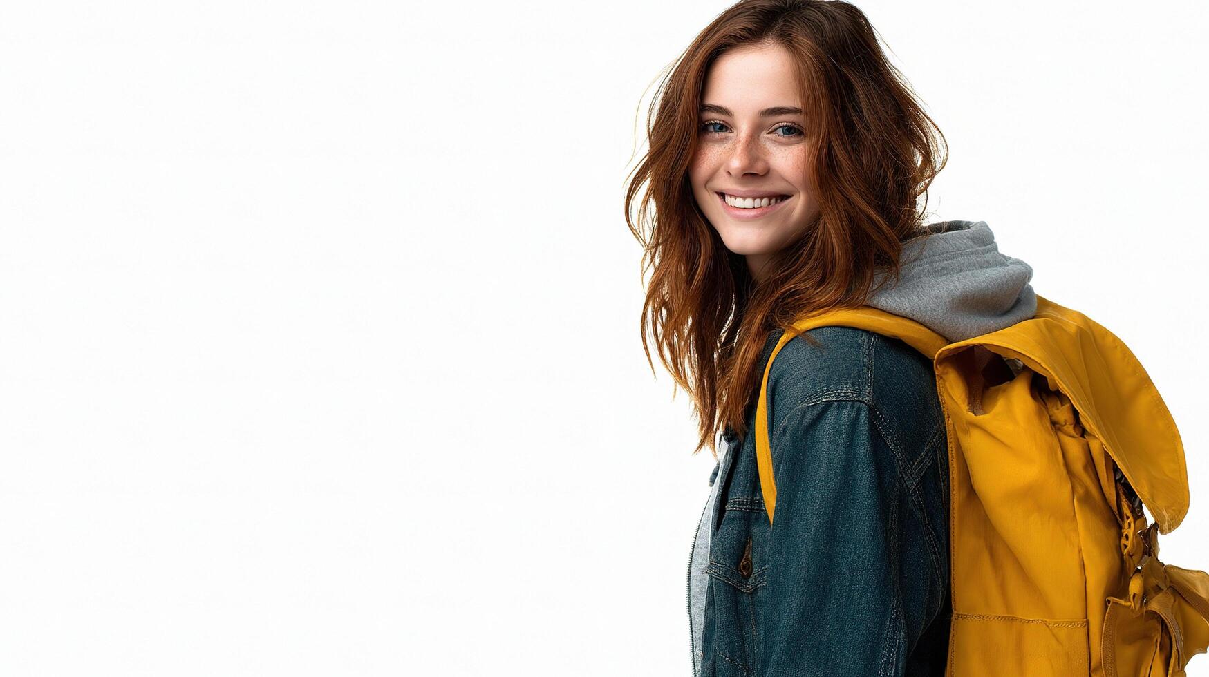 A smiling young woman with a yellow backpack photo
