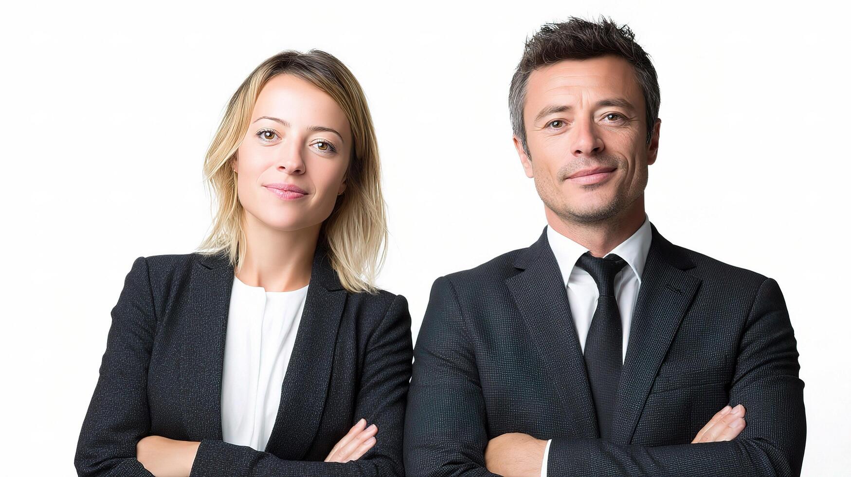 A man and woman in business attire standing together photo