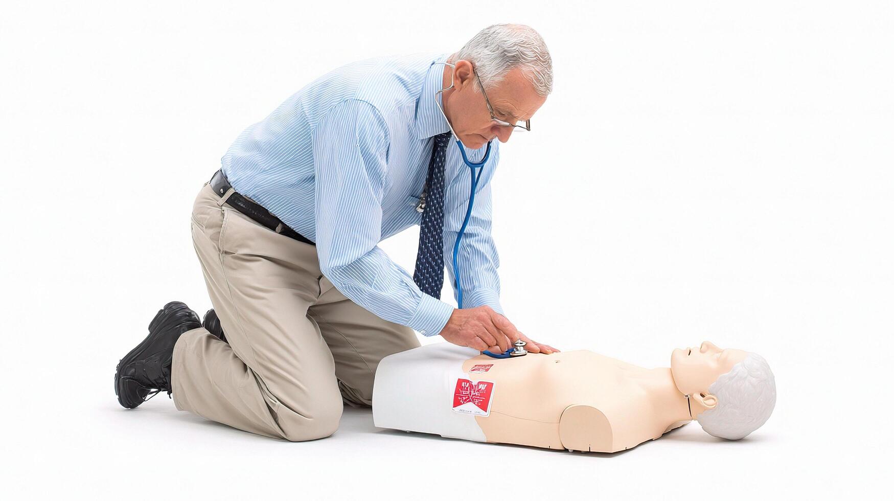 A man is kneeling down to check on a cpr dummy photo