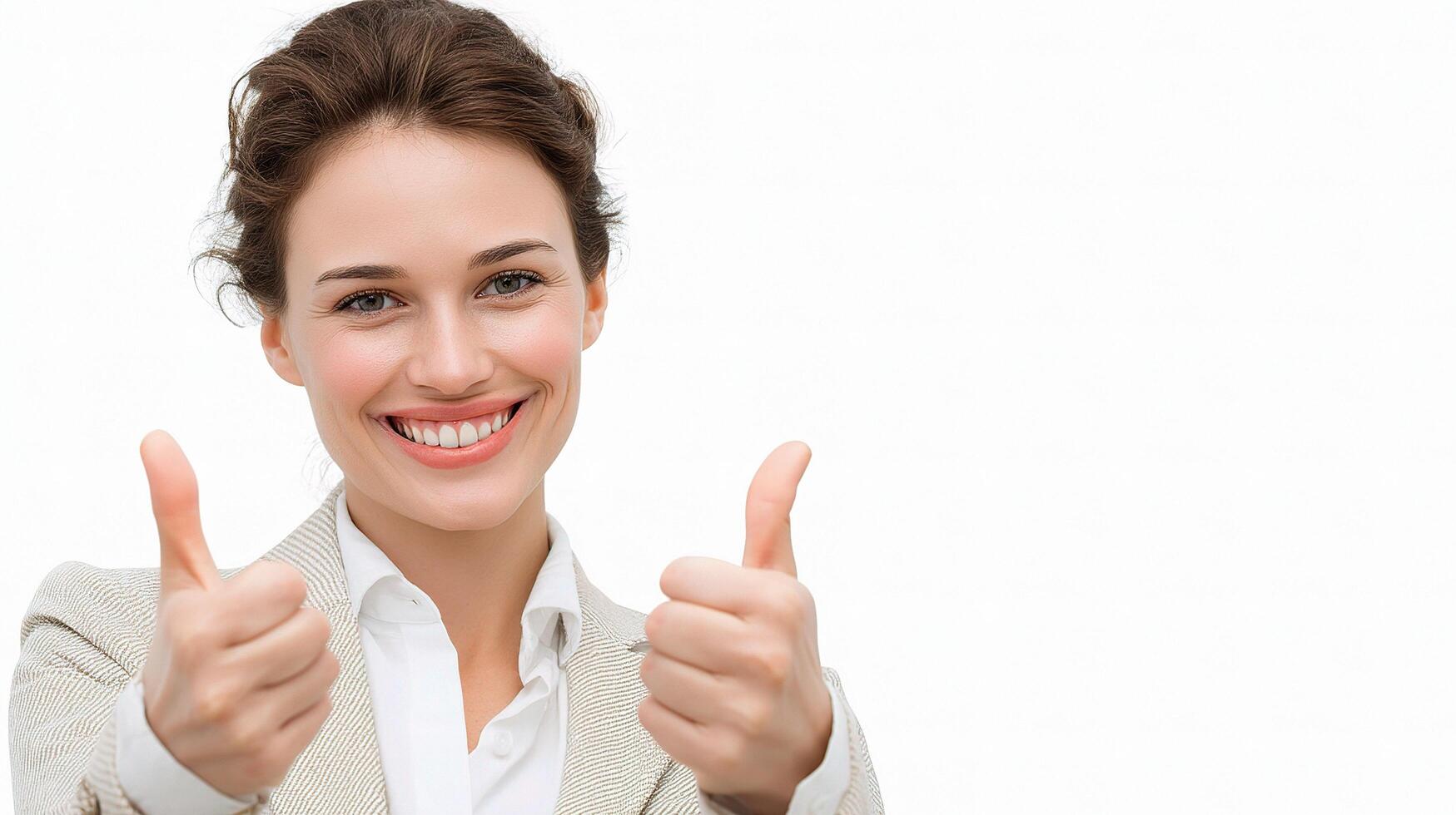 A woman in a business suit giving a thumbs up photo