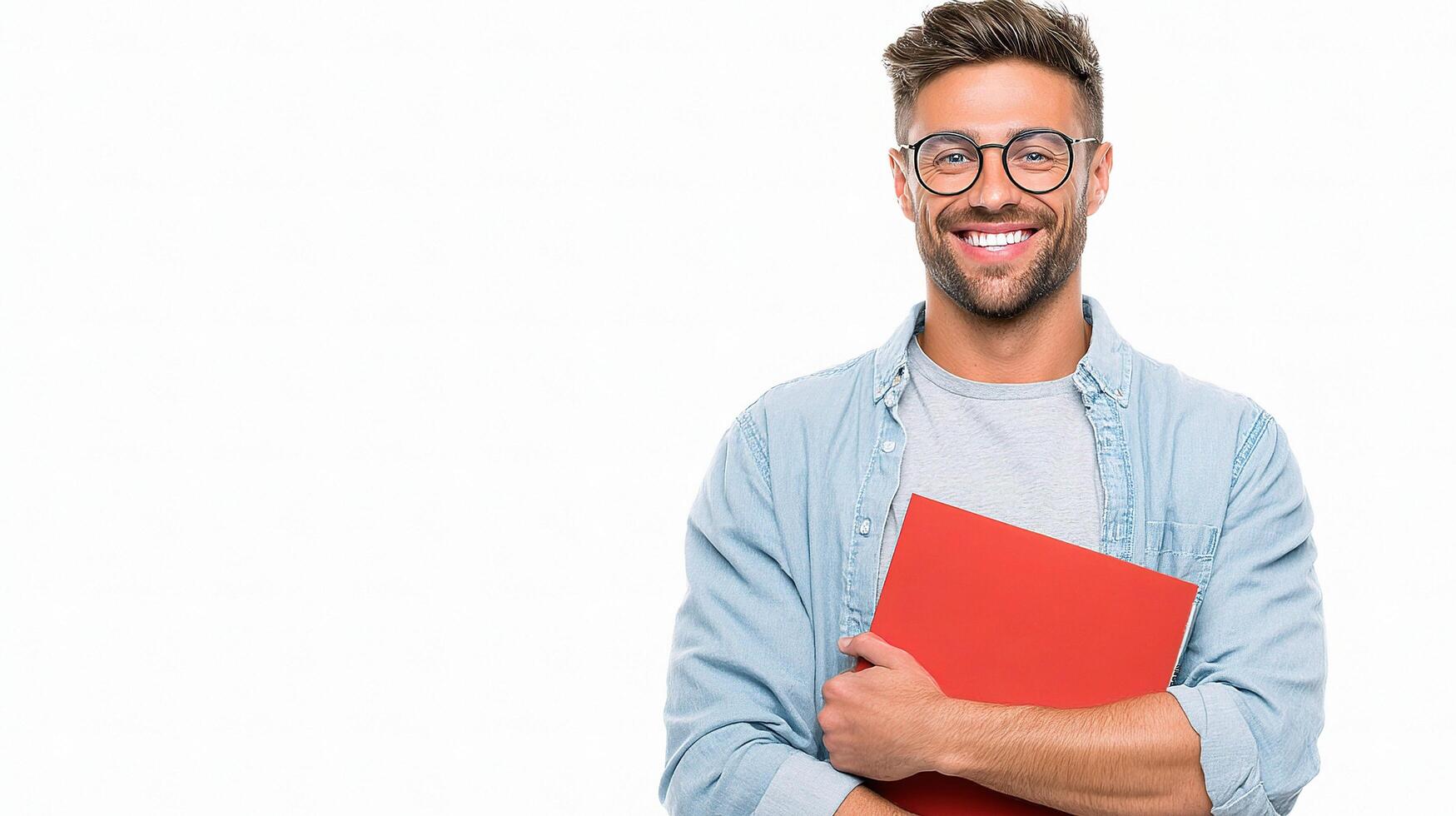 A smiling man with glasses holding a red folder photo