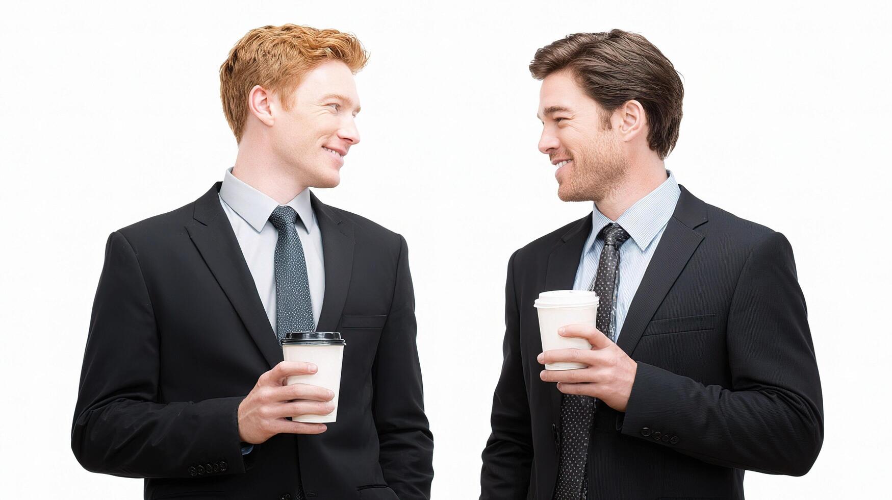 Two men in suits holding coffee and talking photo