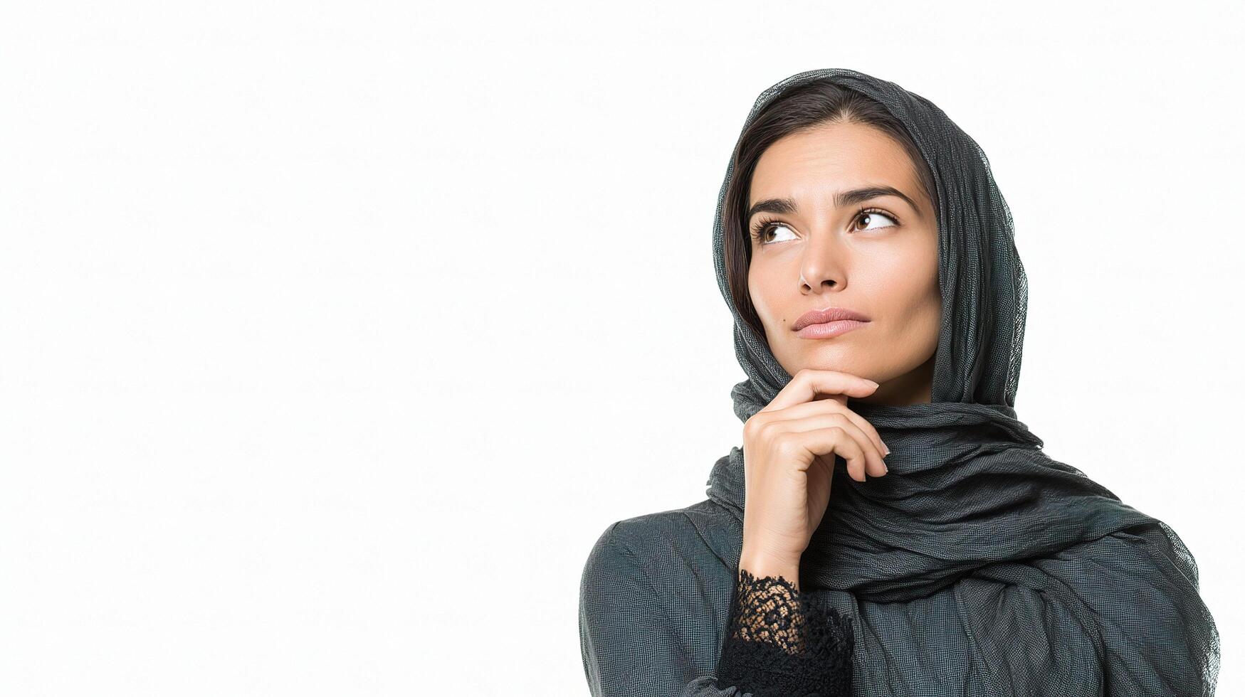 A woman in a hijab is looking up photo
