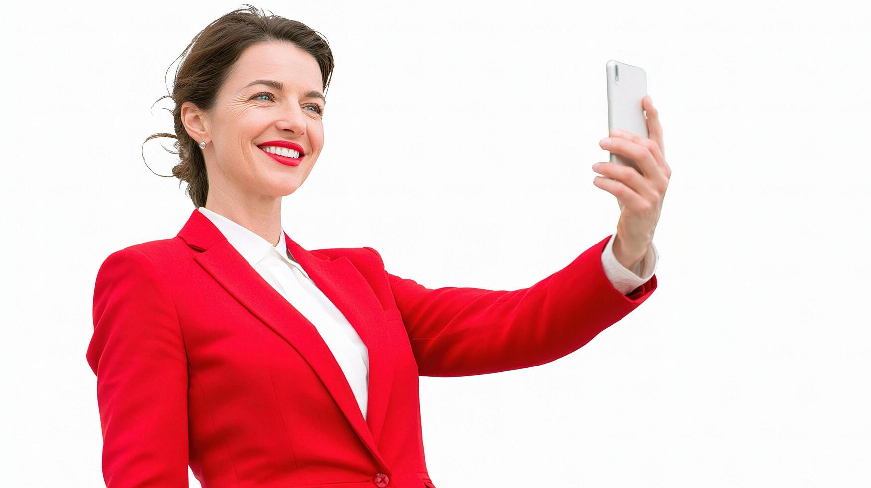 A woman in a red suit is taking a selfie photo