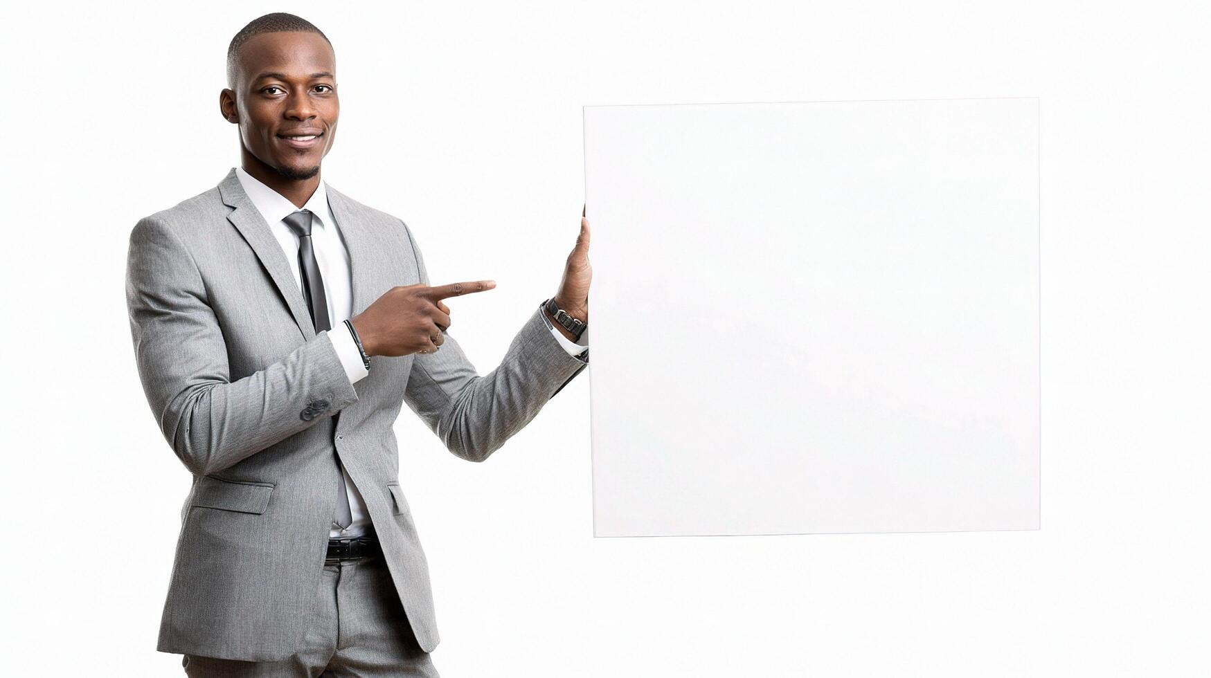 A man in a suit holding up a blank board photo