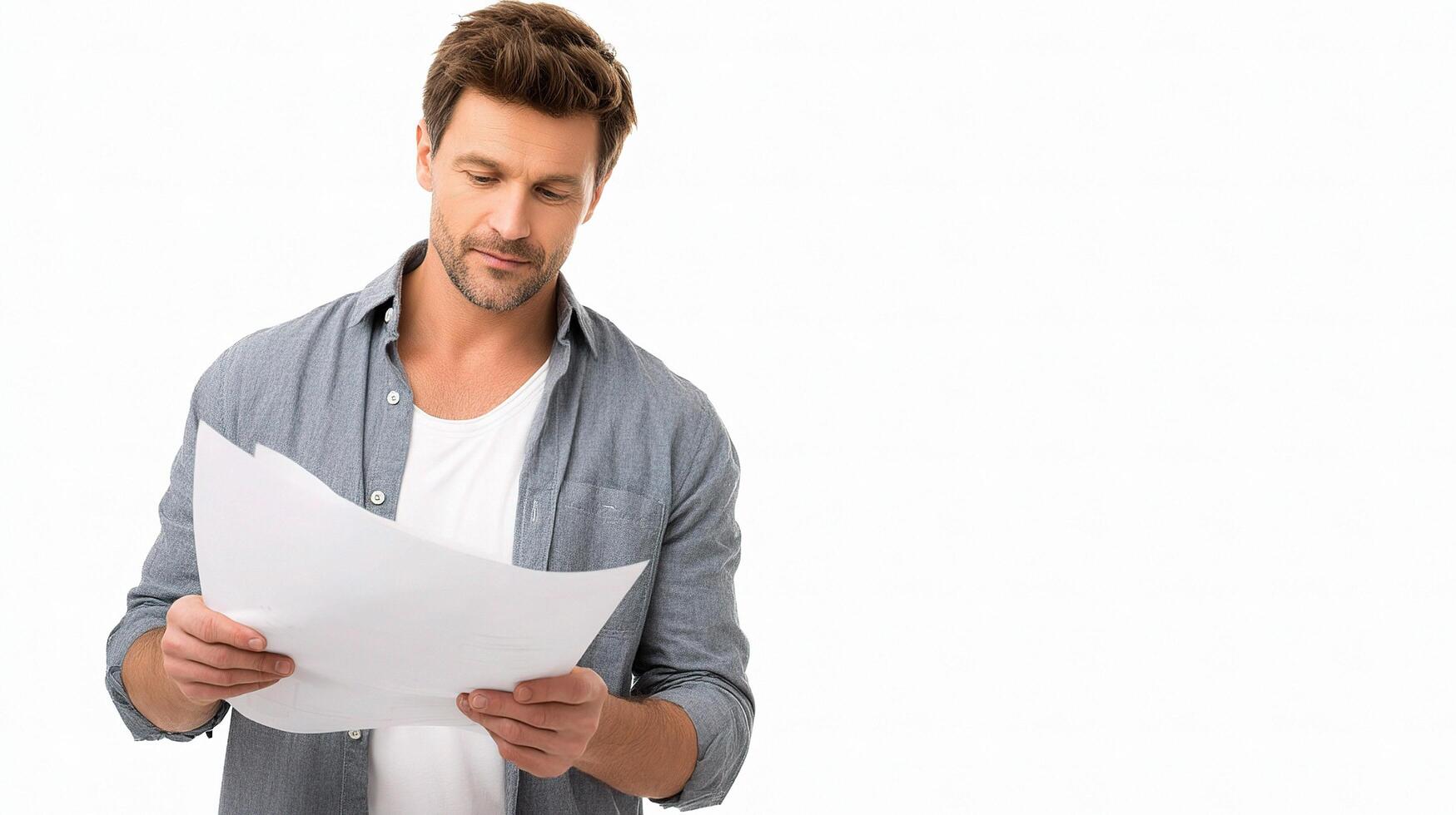A man is holding a piece of paper and looking at it photo