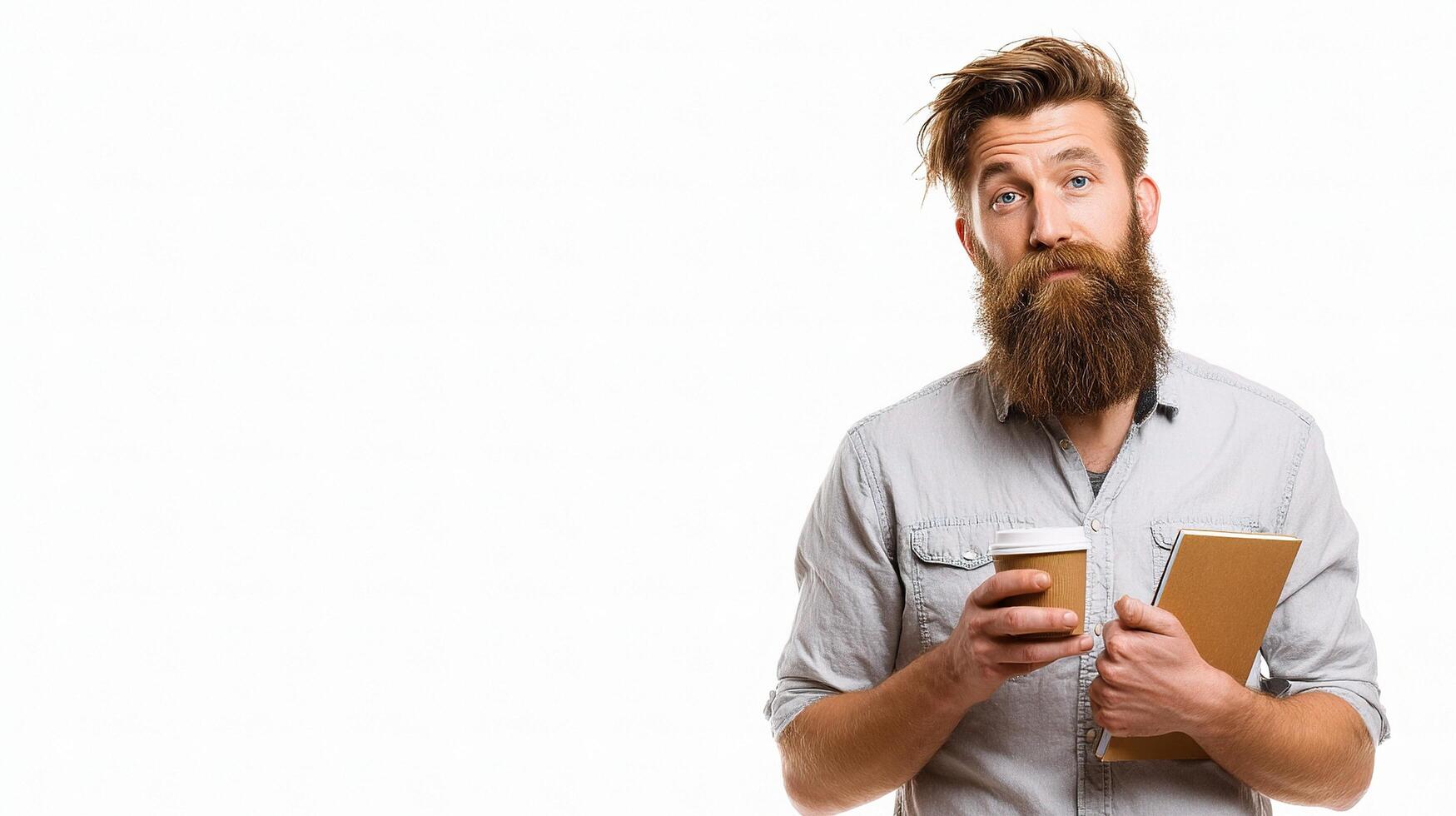 A bearded man with a beard holding a coffee cup and a notebook photo
