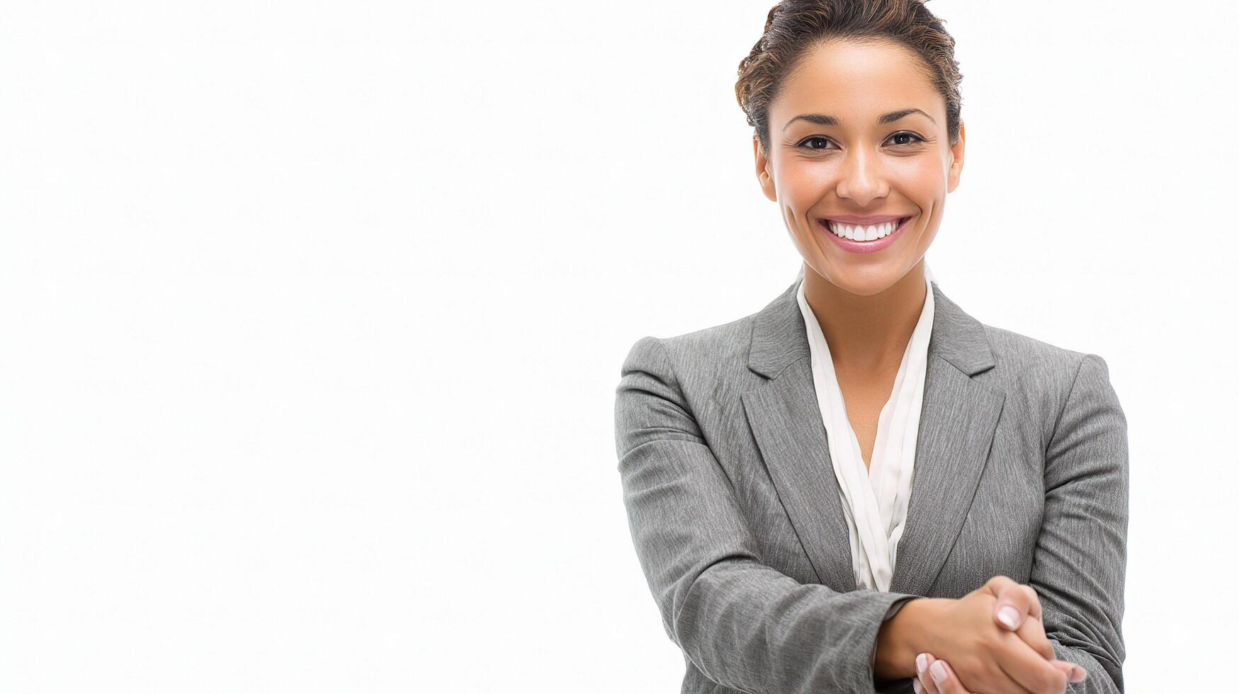 A woman in a business suit is holding her hands together photo