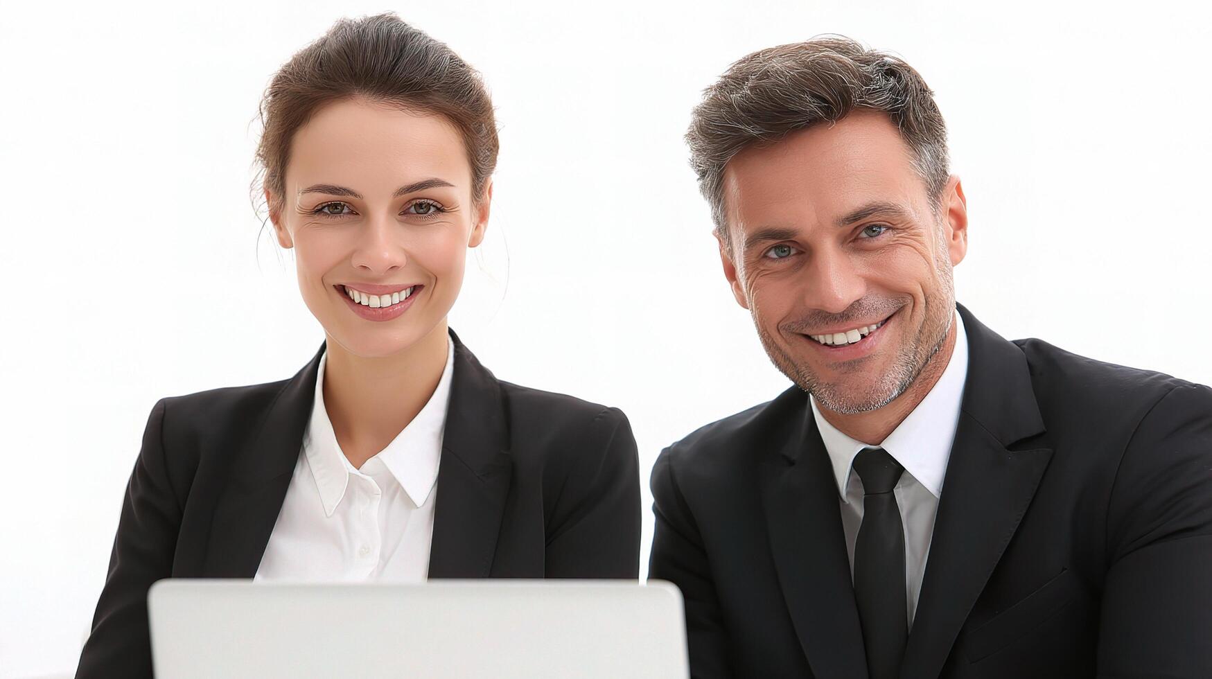 A man and woman in business attire are smiling while sitting in front of a laptop photo