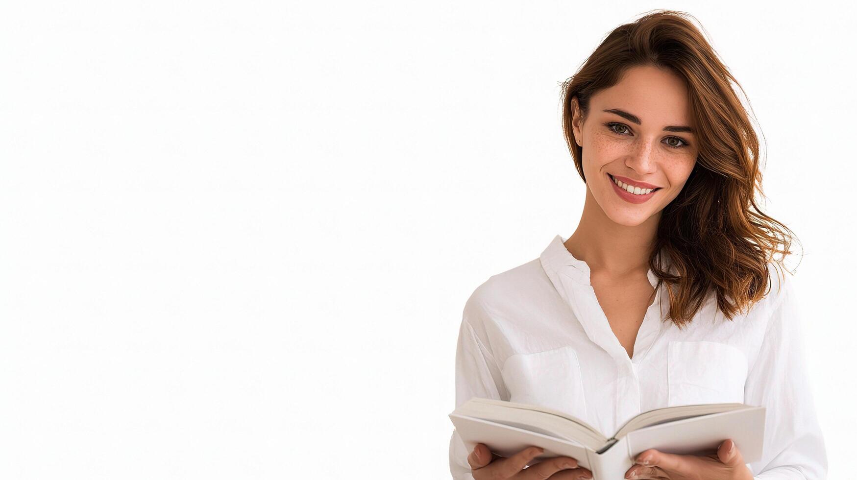 A woman is smiling while holding an open book photo