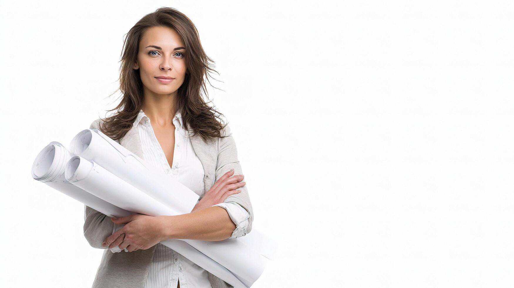 A woman holding a blueprint and standing in front of a white background photo
