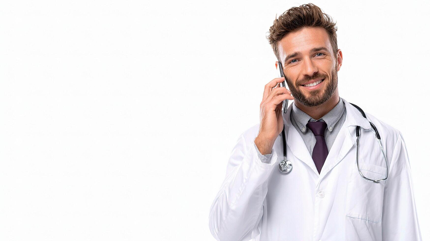 A man in a white coat talking on a cell phone photo