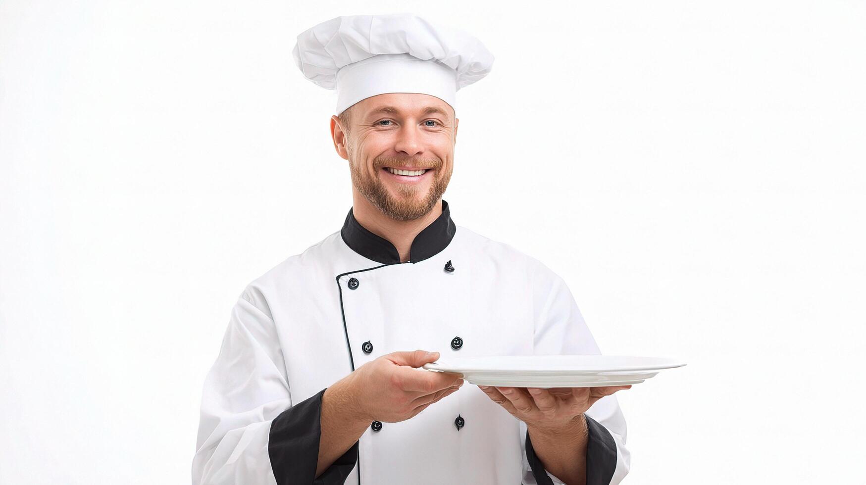 A smiling man in a chef's uniform holding a plate photo