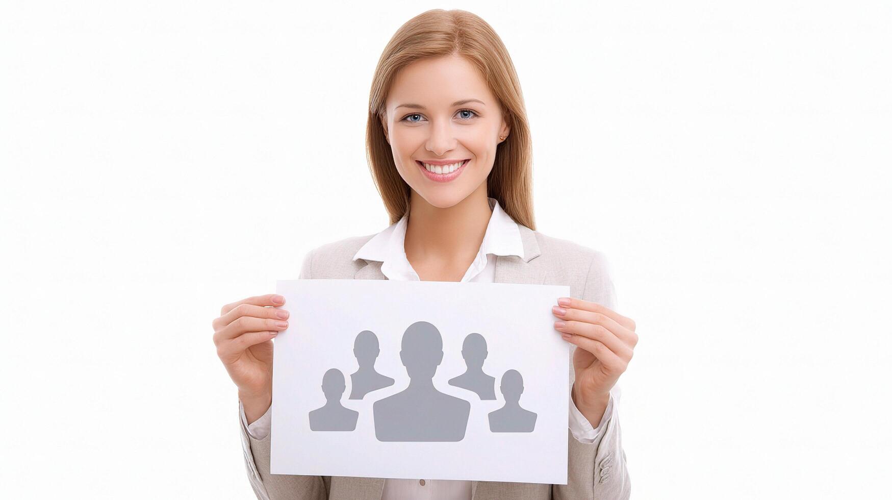 A woman holding up a paper with people on it photo