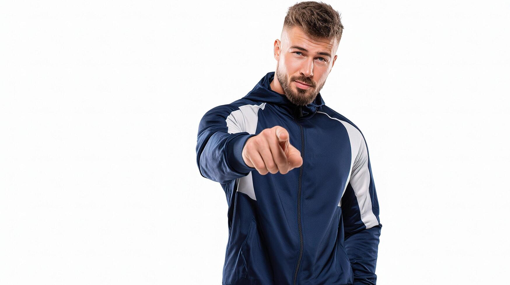 A man in a blue jacket pointing at something photo
