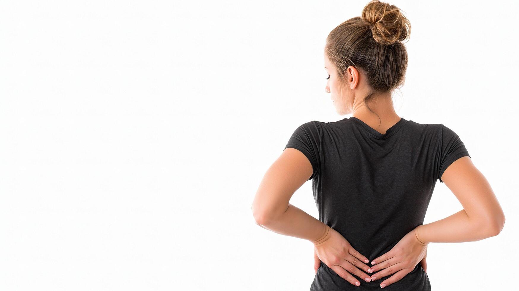 A woman with back pain holding her hands to her back photo