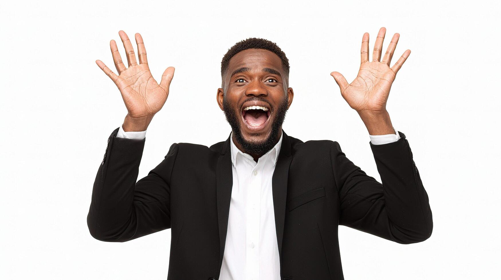 A man in a suit is raising his hands photo