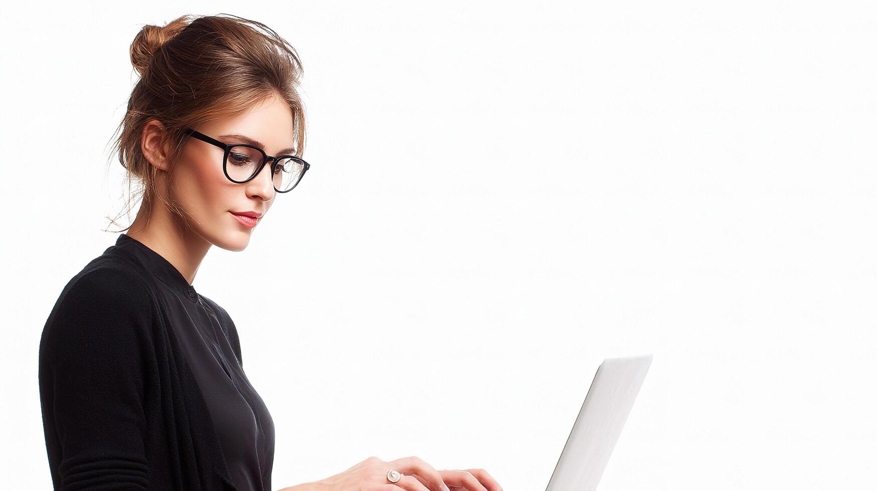 A woman in glasses is using a laptop photo