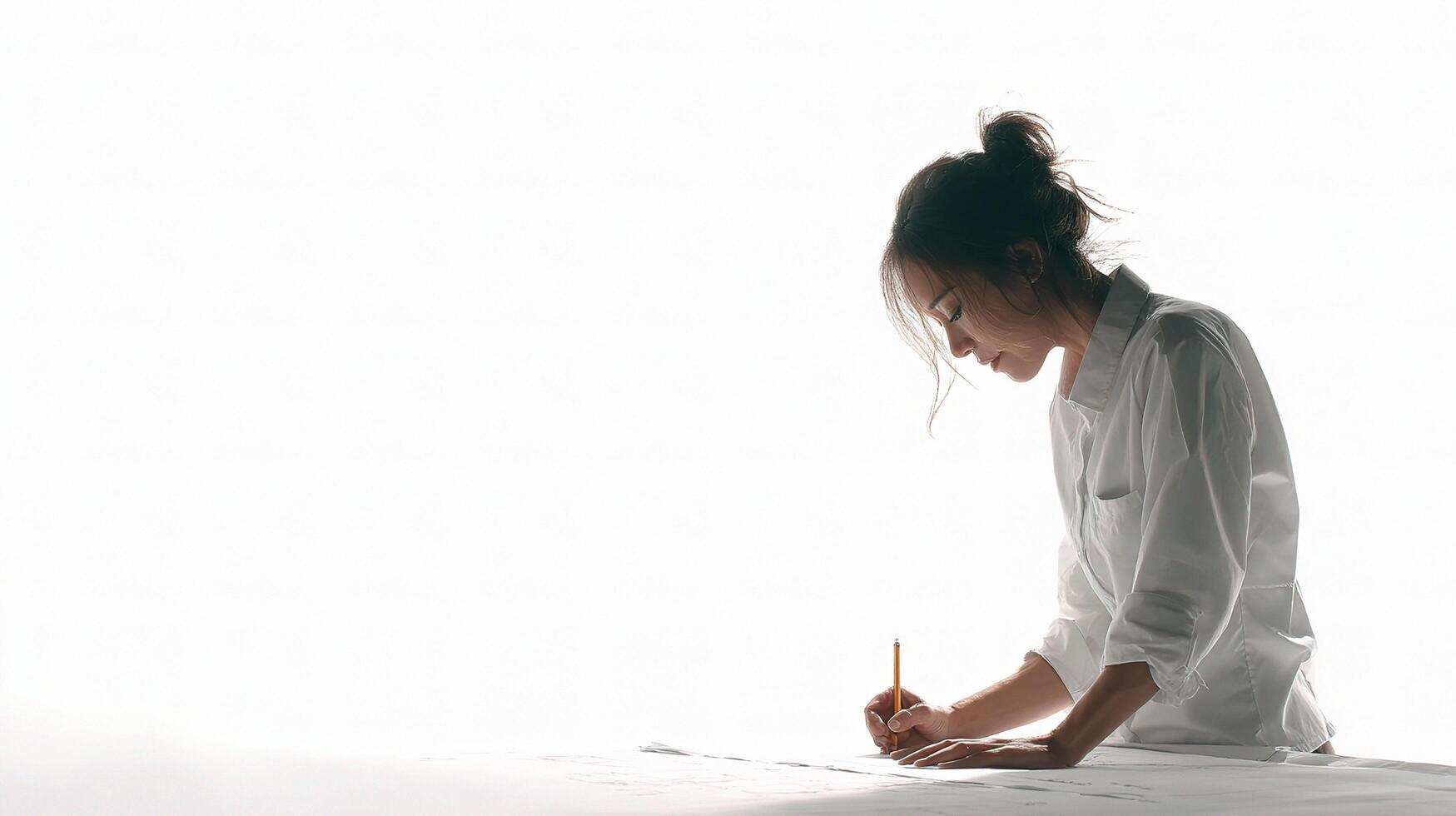 A woman in a white shirt is writing on a piece of paper photo