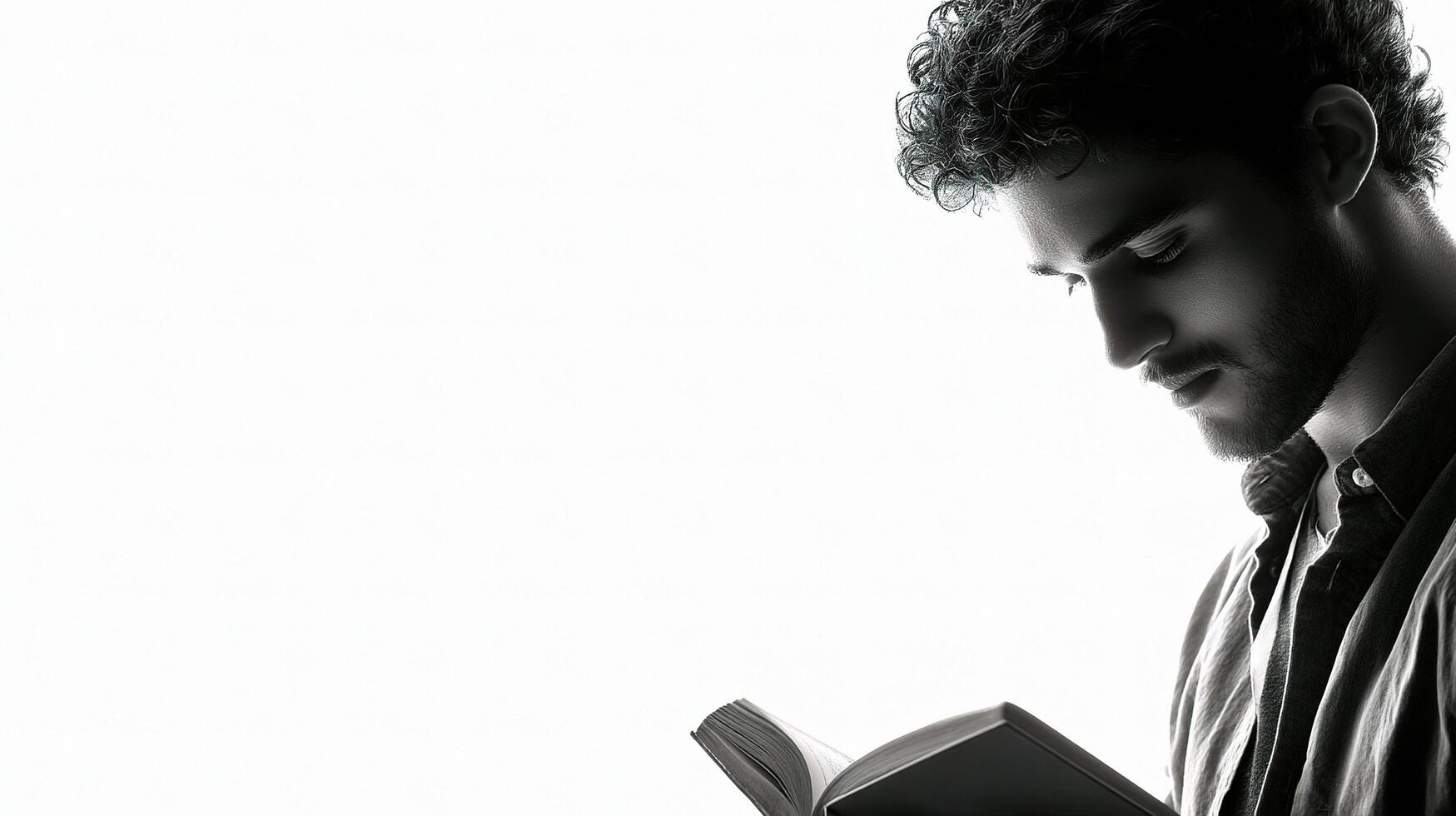 A man reading a book in a black and white photo