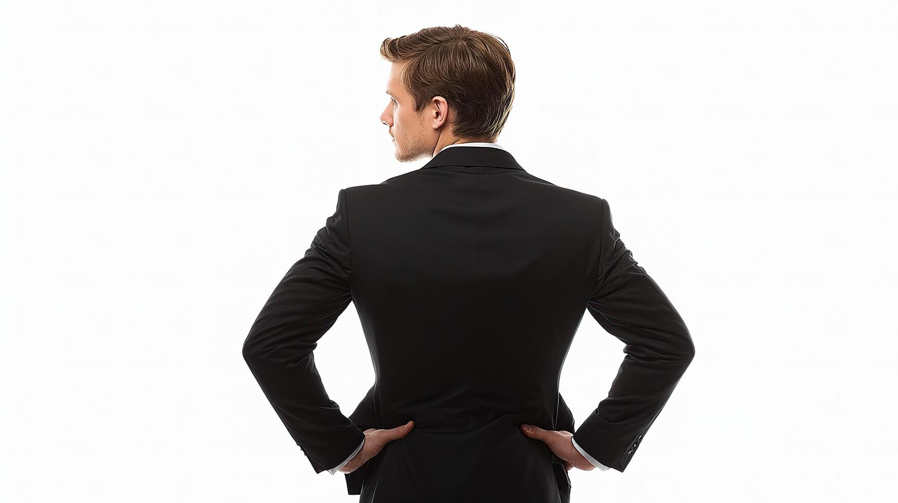 A man in a suit is standing with his hands on his hips photo