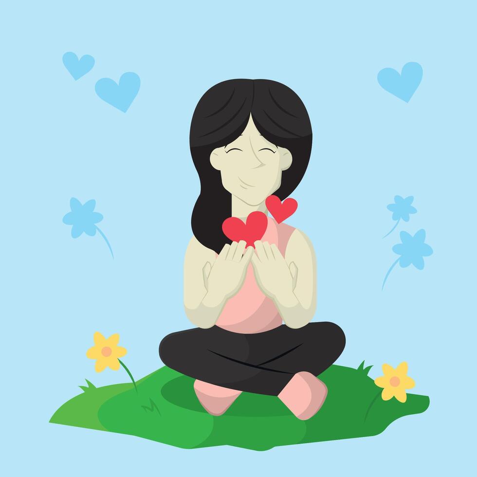 Girl meditating with hearts. vector