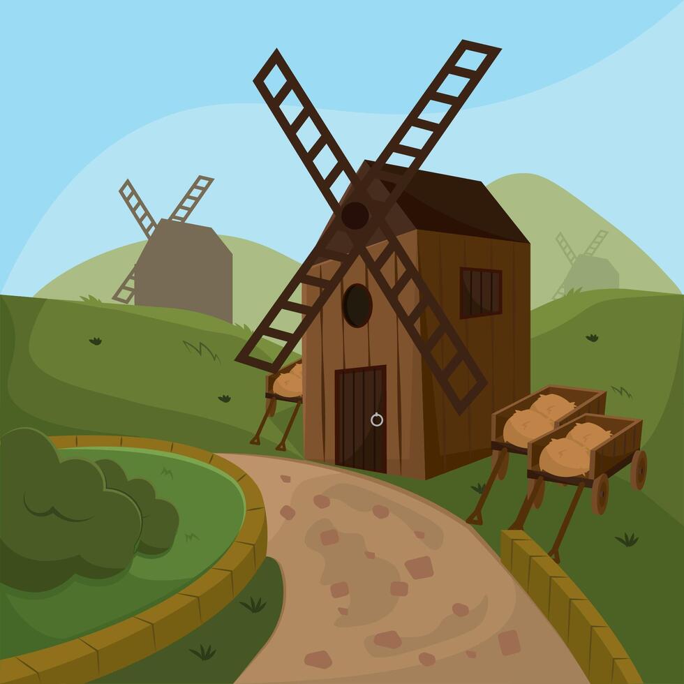 Wooden windmill and carts. vector