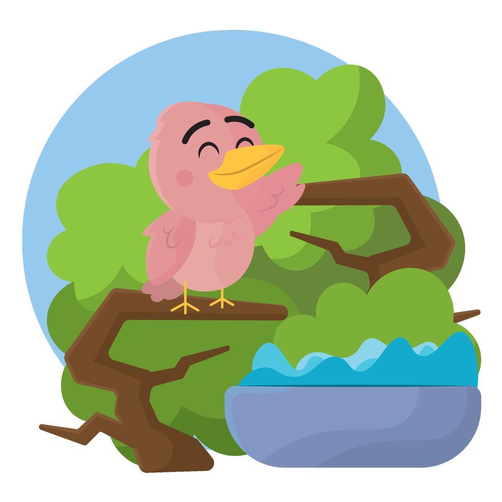 Smiling pink bird in jungle. vector