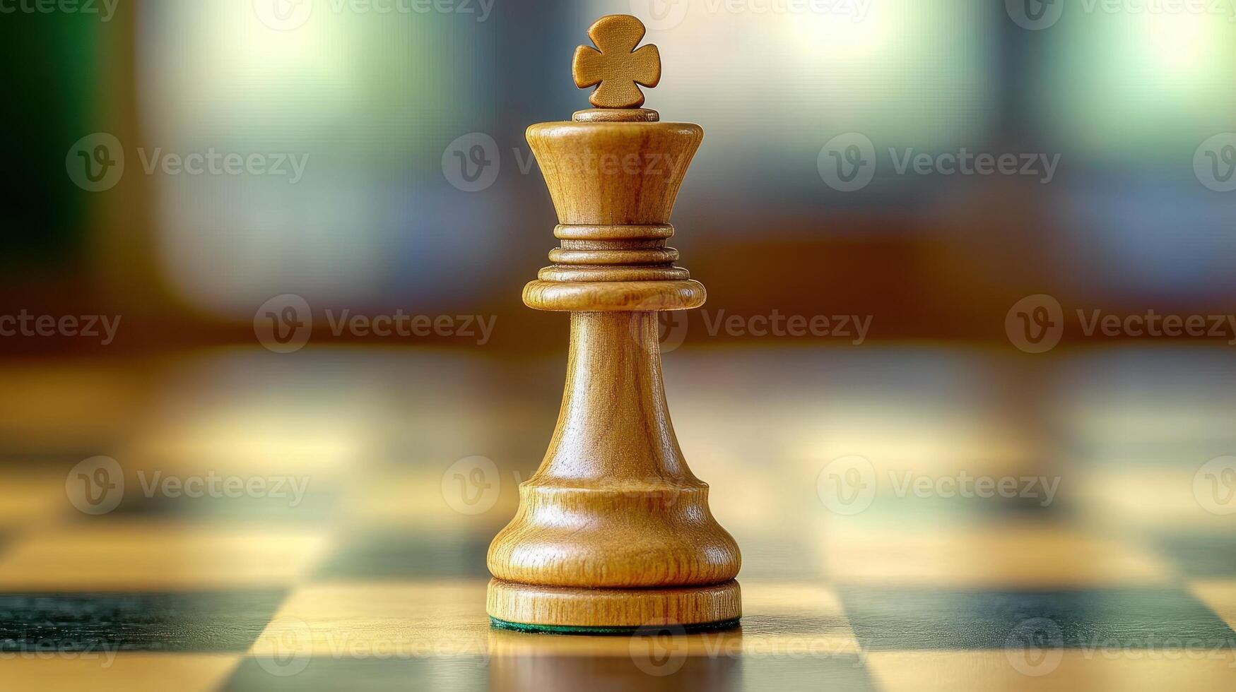 Close-up of a light-colored wooden chess king piece on a chessboard photo