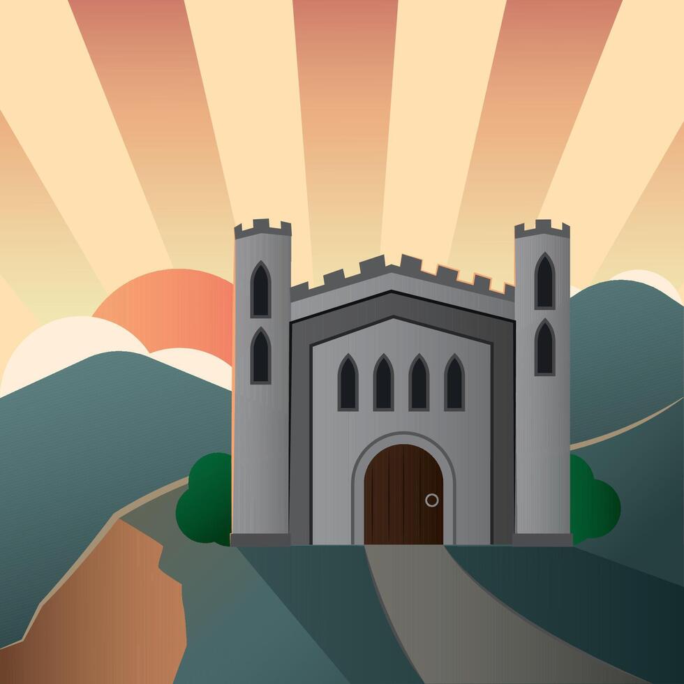 Medieval castle sunset view. vector