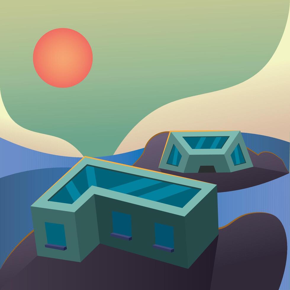 Futuristic buildings hills. vector
