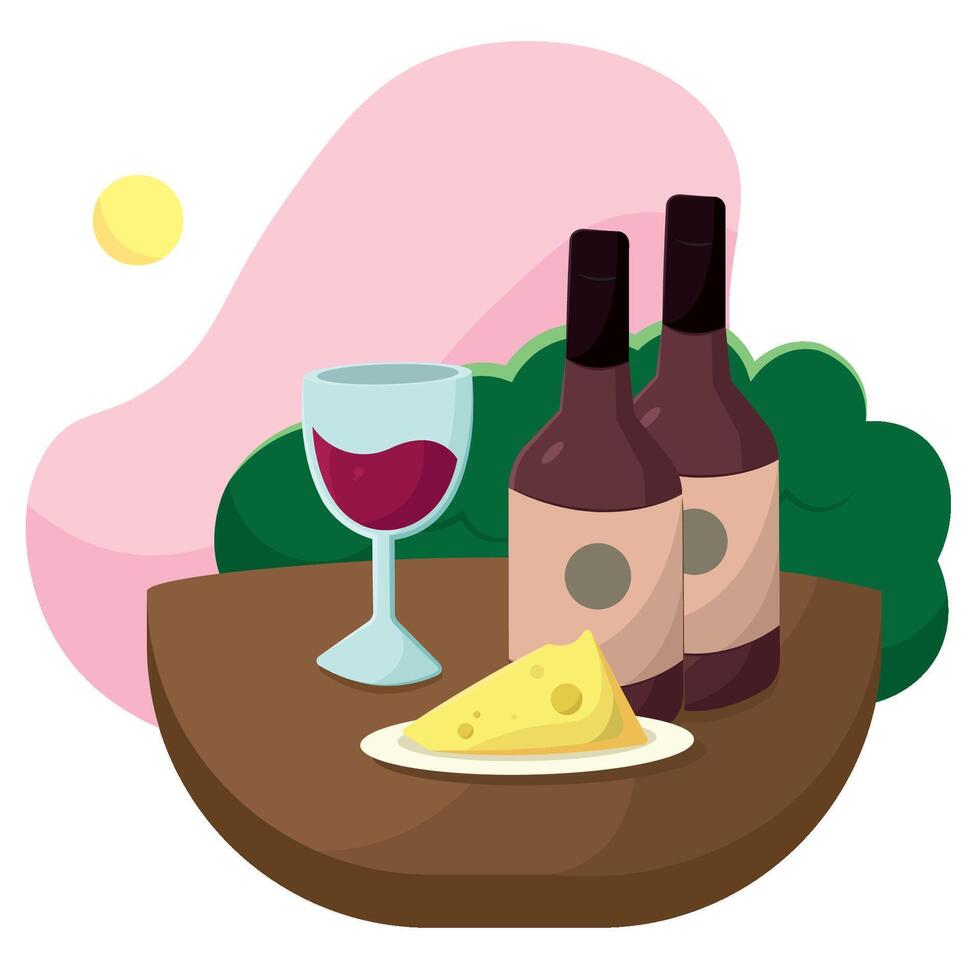 Wine bottles and cheese set. vector