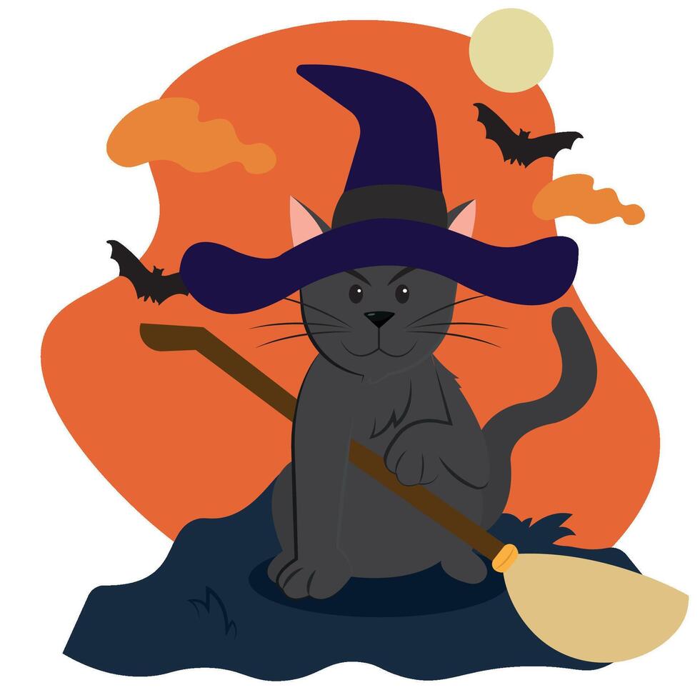 Witch cat with broomstick. vector