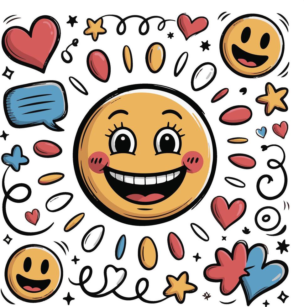 Cheerful Sun Emoji Doodle with Hearts and Stars vector