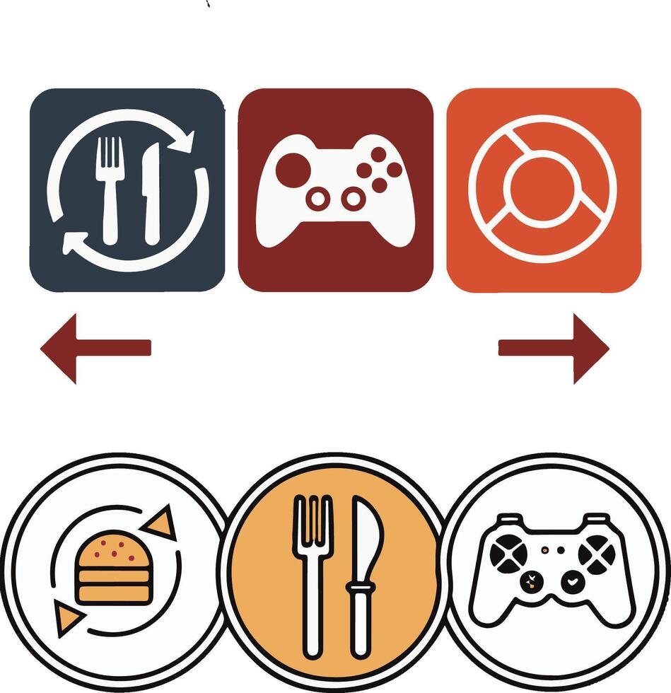 Gaming and Food Icons Eat, Play, Repeat game slot play button vector