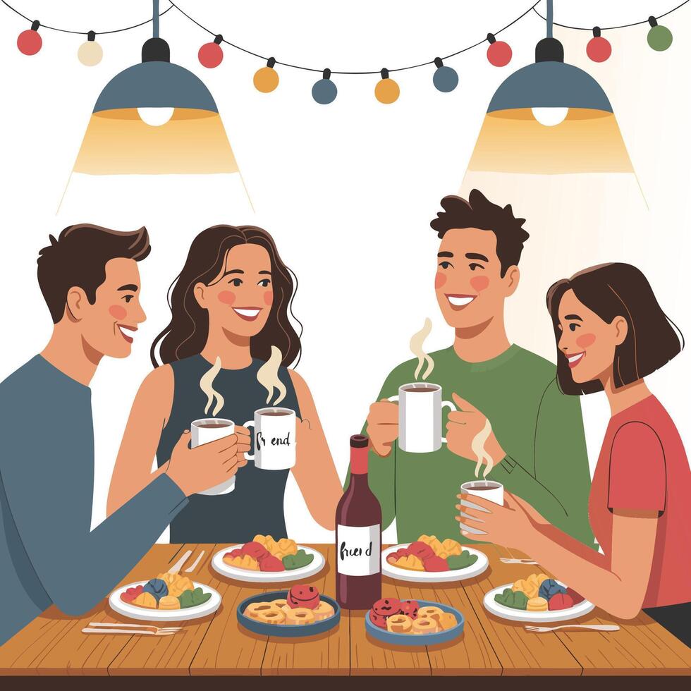 Friends Enjoying Pizza and Coffee adda illustration couple vector